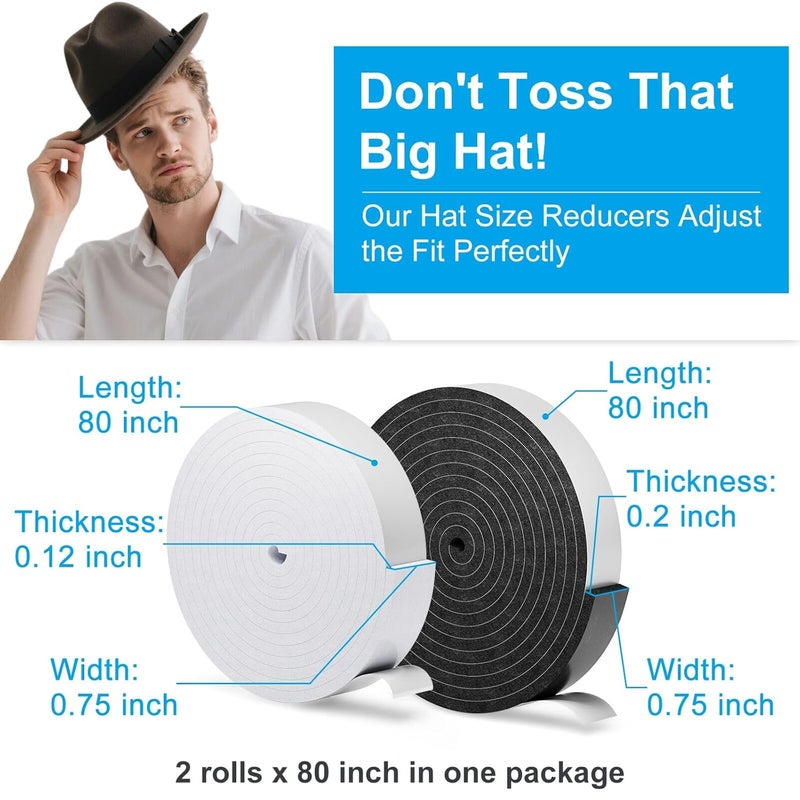 Teraves 2 Pack Hat Size Reducer Tape Roll 80", Hat Sizer Insert Reducing Self Adhesive Foam Filler Tape, Accommodates All Hat Styles, 0.12 Inch and 0.2 Inch Thick, Black and White - Image 2